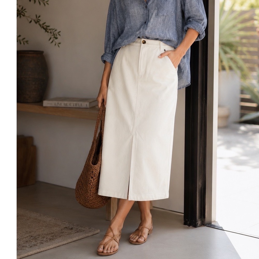 Amour Vert Lina Denim Midi Skirt Womens M NEW Ivory Organic Cotton Front Slit